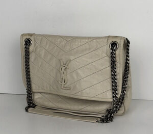 Saint Laurent Niki Medium Chain Satchel Crinkled Calfskin Matelassé Crema C-4